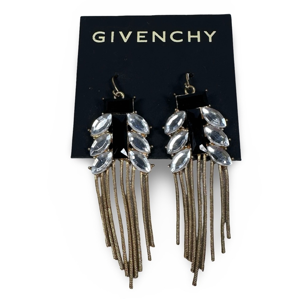 Givenchy Black Clear Crystal Gold Tone Snake Chain Fringe Chandelier Earrings